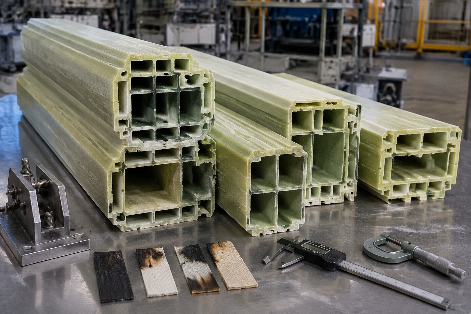 Composite EV battery multi-cavity structural profiles with material samples and inspection tools.