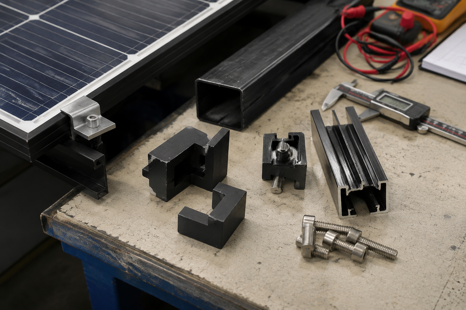 Photovoltaic composite frame and support system with corner keys, clamps, panel edge, and electrical inspection context.