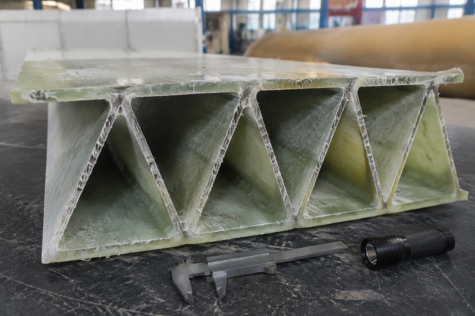 Composite wind blade internal ladder-beam structural member section on an inspection bench.
