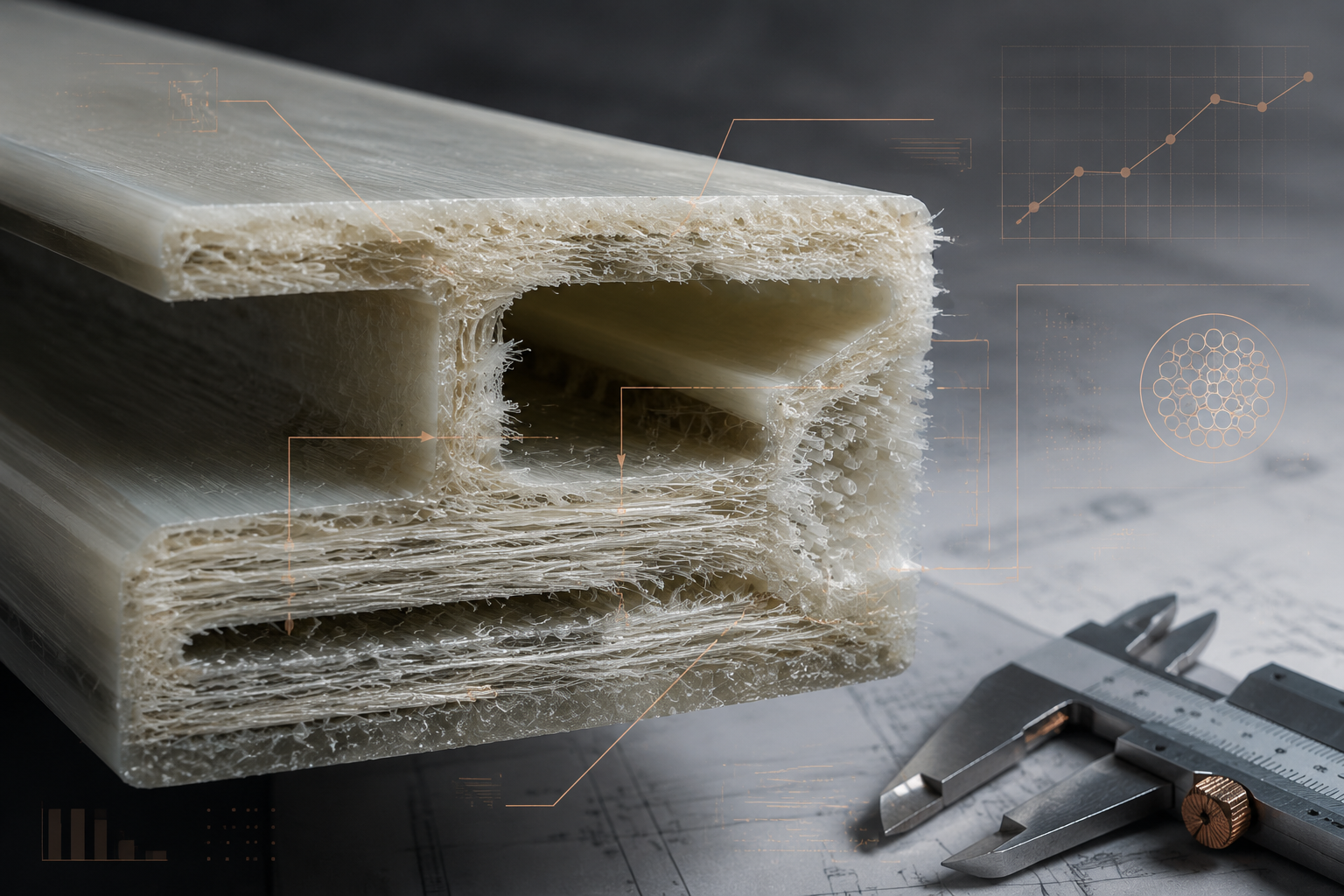 Detailed FRP composite profile cross-section with visible fiber structure and measurement context.