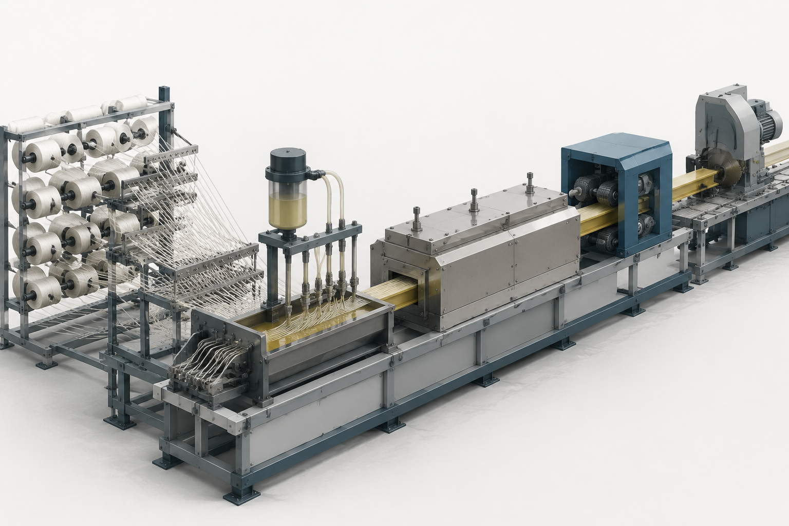 Clean technical visualization of a pultrusion process line with fiber creel, resin bath, heated die, puller, and cutting station.