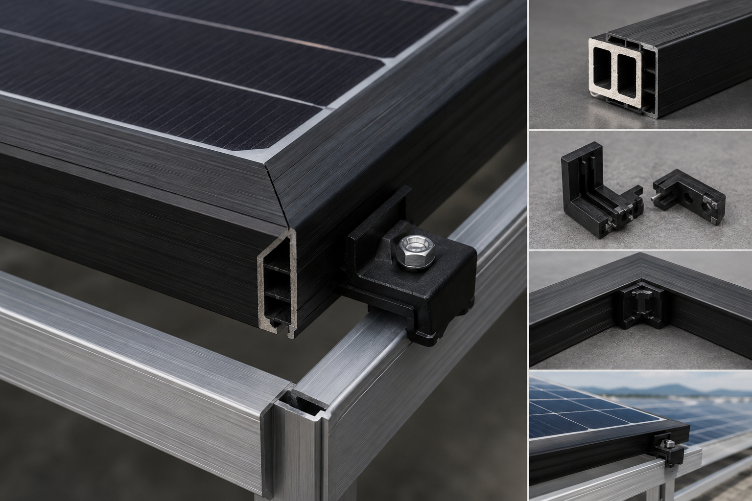 Composite photovoltaic frame assembly with section detail, corner key, clamp, and panel installation details.