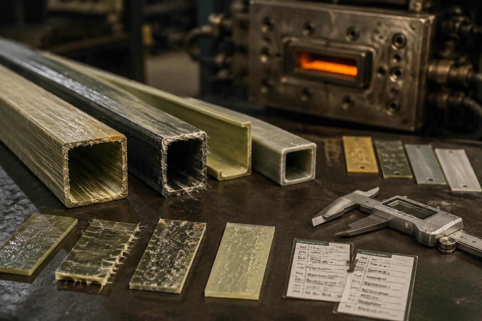 Pultrusion troubleshooting workbench with FRP profile samples, defect coupons, tooling, and calipers.